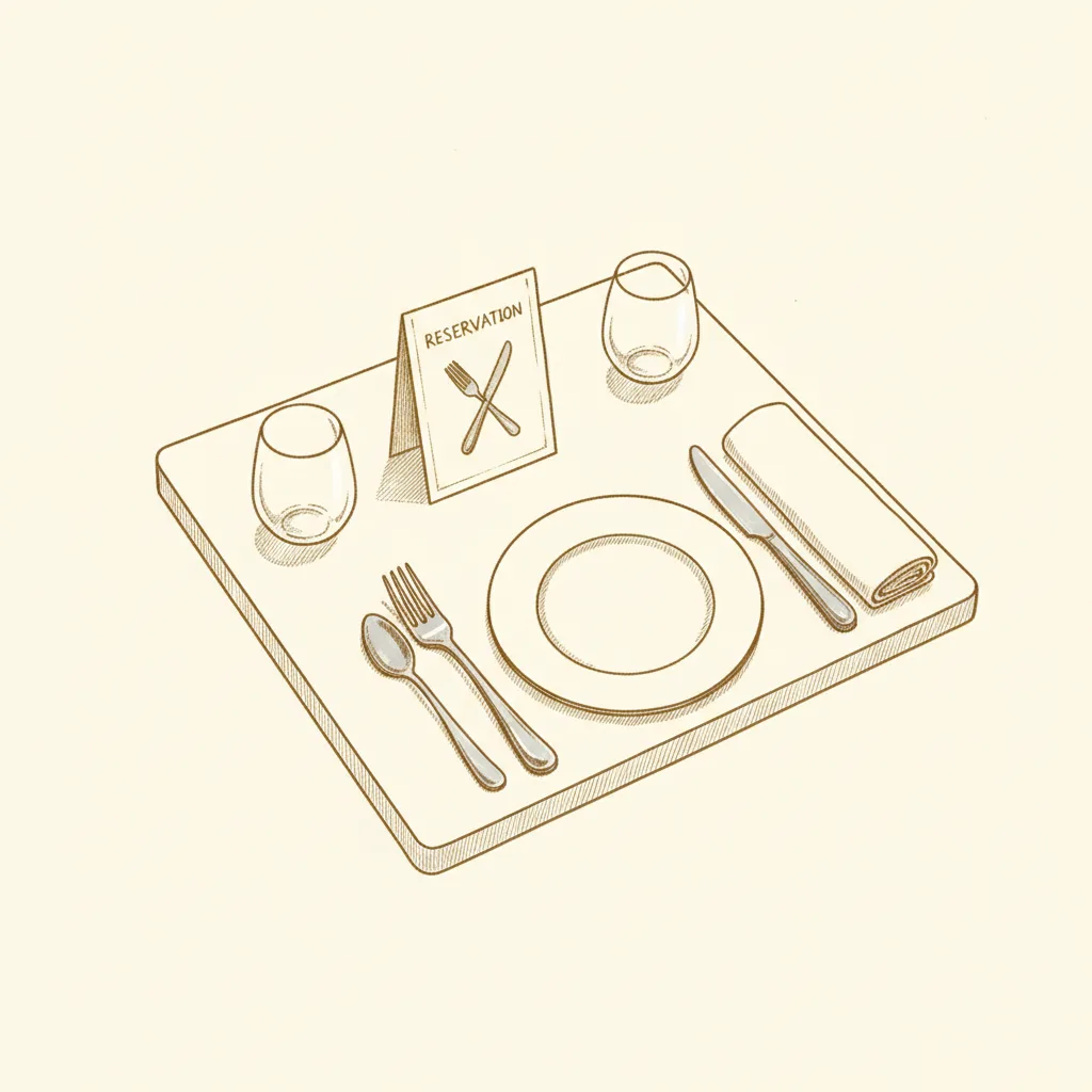 Illustration dessinée à la main d'une table de restaurant dressée pour deux, avec une carte de réservation posée debout et une fourchette et un couteau croisés en V.